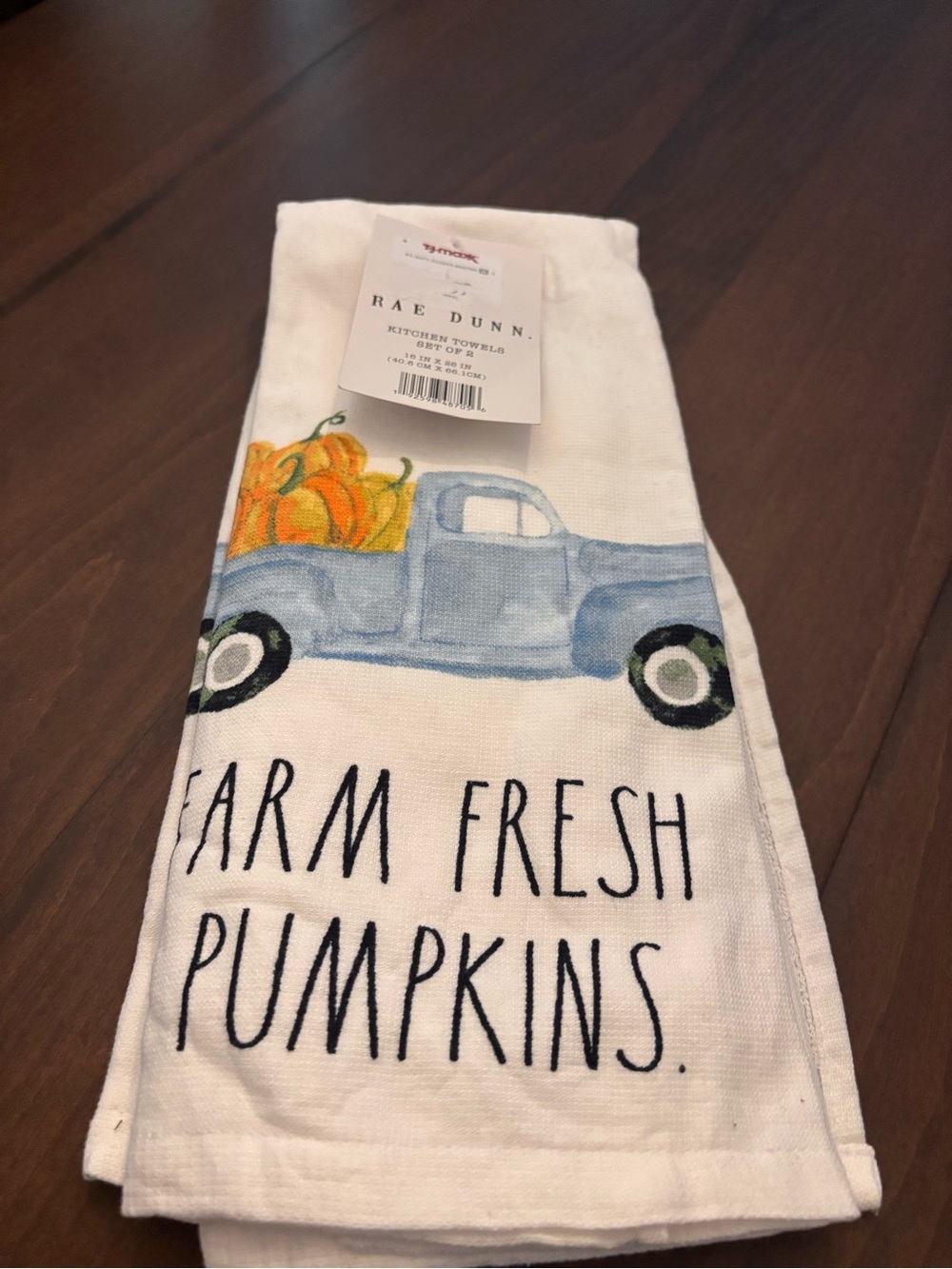 Rae Dunn White Kitchen Towel Set of 2 with Blue Truck and Orange Pumpkins
